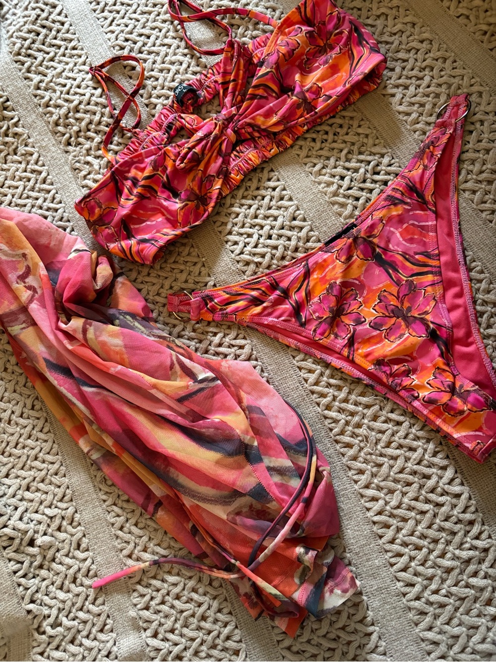 Pink & Orange Floral Bikini Set with Matching Cover-Up